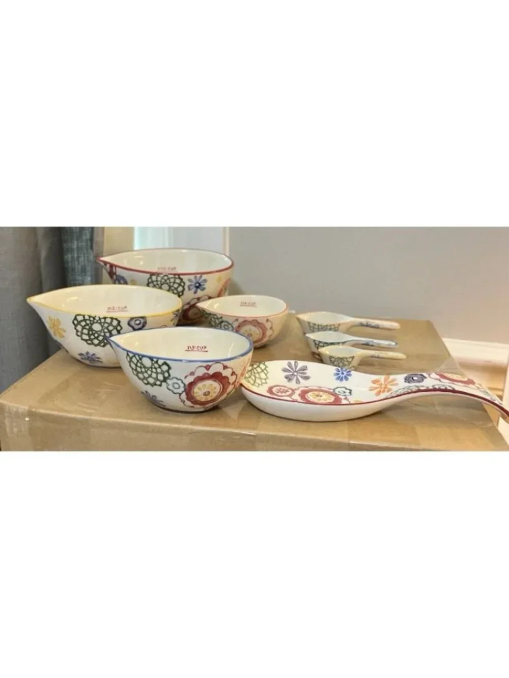 Pier 1 Hand Painted 8 Piece Kitchen Set Measuring Cups Spoons Spoon Rest Boho